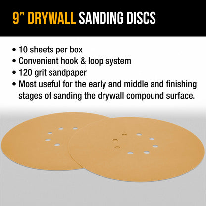 Premium 9" Drywall Sanding Discs - 120 Grit (Box of 10) - 8 Hole Pattern Hook & Loop Aluminum Oxide Sandpaper - For Power Sander, Sand Wood