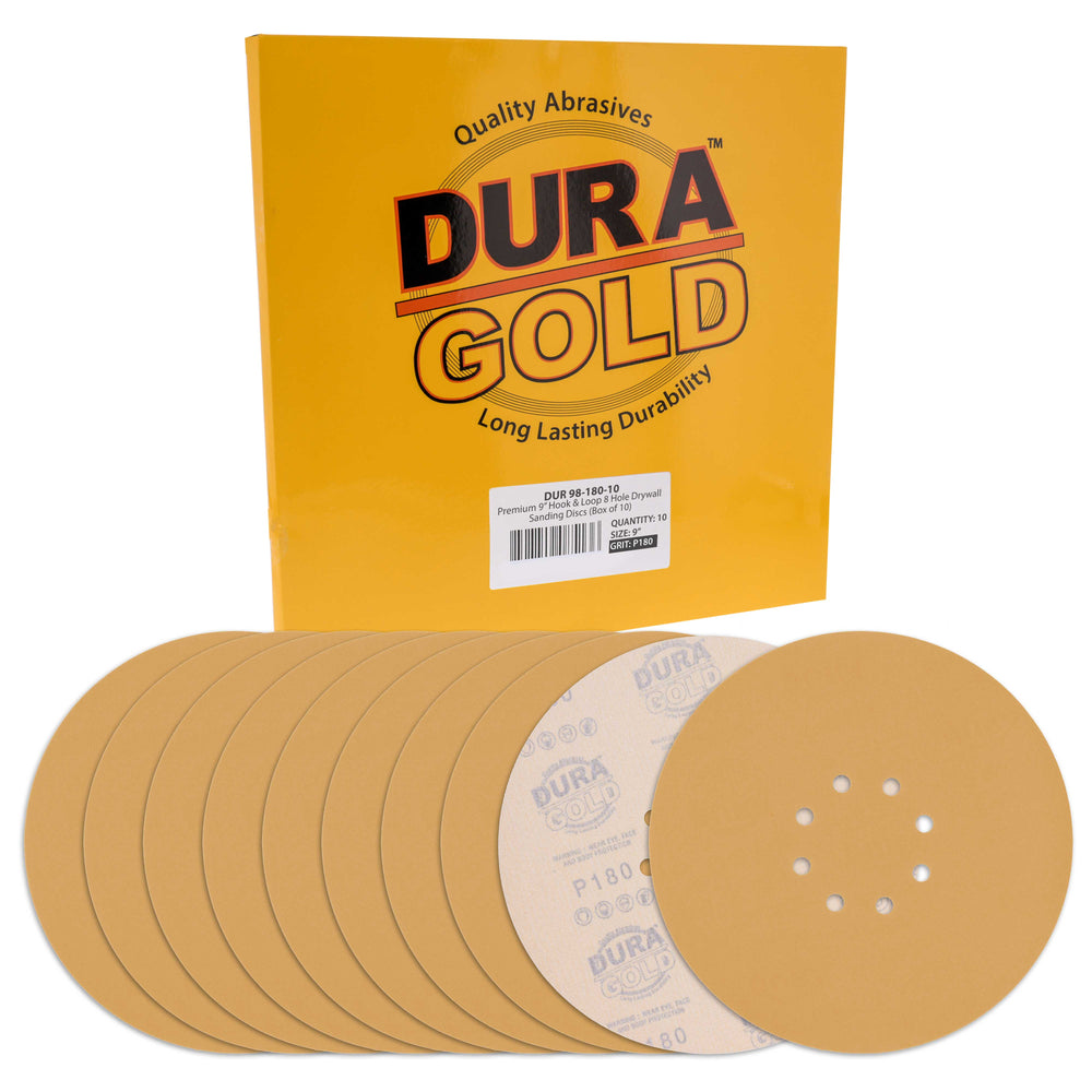 Dura-Gold Premium 9" Drywall Sanding Discs - 180 Grit (Box of 10) - 8 Hole Pattern Hook & Loop Aluminum Oxide Sandpaper - For Power Sander, Sand Wood