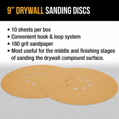 Premium 9" Drywall Sanding Discs - 180 Grit (Box of 10) - 8 Hole Pattern Hook & Loop Aluminum Oxide Sandpaper - For Power Sander, Sand Wood