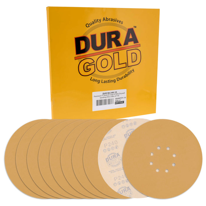 Dura-Gold Premium 9" Drywall Sanding Discs - 240 Grit (Box of 10) - 8 Hole Pattern Hook & Loop Aluminum Oxide Sandpaper - For Power Sander, Sand Wood