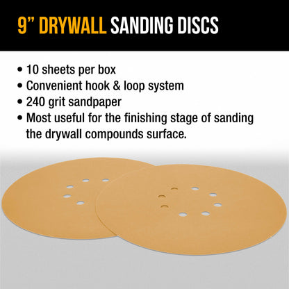 Premium 9" Drywall Sanding Discs - 240 Grit (Box of 10) - 8 Hole Pattern Hook & Loop Aluminum Oxide Sandpaper - For Power Sander, Sand Wood