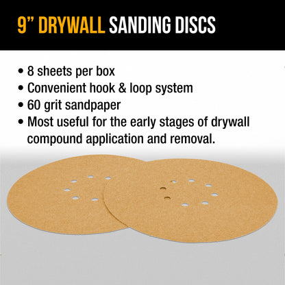 Premium 9" Drywall Sanding Discs - 60 Grit (Box of 8) - 8 Hole Pattern Hook & Loop Aluminum Oxide Sandpaper - For Power Sander, Sand Wood