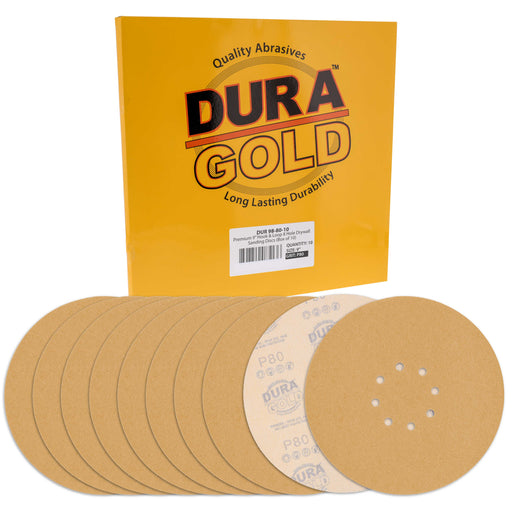 Dura-Gold Premium 9" Drywall Sanding Discs - 80 Grit (Box of 10) - 8 Hole Pattern Hook & Loop Aluminum Oxide Sandpaper - For Power Sander, Sand Wood