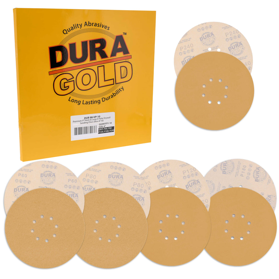 Premium 9" Drywall 8 Hole Pattern Sanding Discs Variety Pack - 60, 80, 120, 180, 240 Grit (2 Discs Each, 10 Total), Hook & Loop Sandpaper