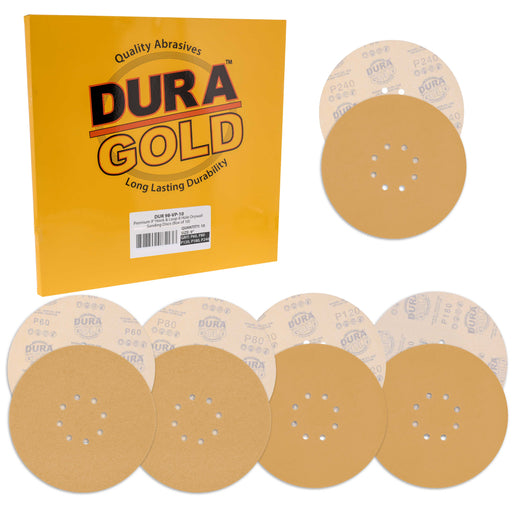 Dura-Gold Premium 9" Drywall 8 Hole Pattern Sanding Discs Variety Pack - 60, 80, 120, 180, 240 Grit (2 Discs Each, 10 Total), Hook & Loop Sandpaper
