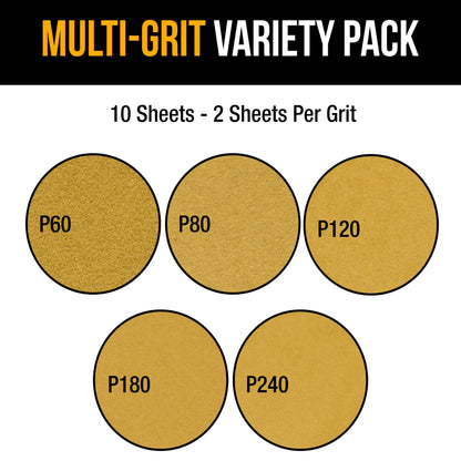 Premium 9" Drywall 8 Hole Pattern Sanding Discs Variety Pack - 60, 80, 120, 180, 240 Grit (2 Discs Each, 10 Total), Hook & Loop Sandpaper