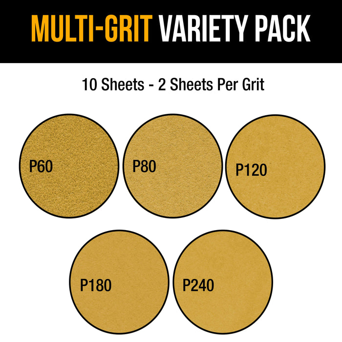 Dura-Gold Premium 9" Drywall 8 Hole Pattern Sanding Discs Variety Pack - 60, 80, 120, 180, 240 Grit (2 Discs Each, 10 Total), Hook & Loop Sandpaper