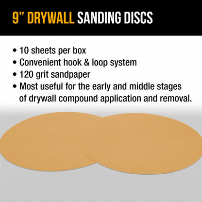 Premium 9" Drywall Sanding Discs, 120 Grit (Box of 10), Sandpaper Discs with Hook & Loop Backing, Aluminum Oxide Abrasive, For Power Sanders