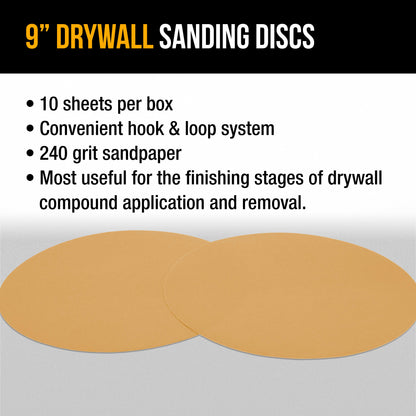 Premium 9" Drywall Sanding Discs, 240 Grit (Box of 10), Sandpaper Discs with Hook & Loop Backing, Aluminum Oxide Abrasive, For Power Sanders
