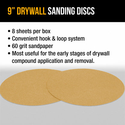 Premium 9" Drywall Sanding Discs, 60 Grit (Box of 8), Sandpaper Discs with Hook & Loop Backing, Aluminum Oxide Abrasive, For Power Sanders