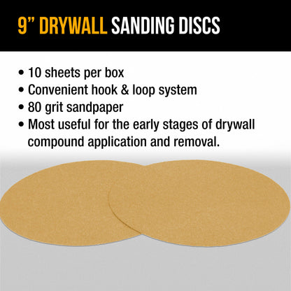 Premium 9" Drywall Sanding Discs, 80 Grit (Box of 10), Sandpaper Discs with Hook & Loop Backing, Aluminum Oxide Abrasive, For Power Sanders
