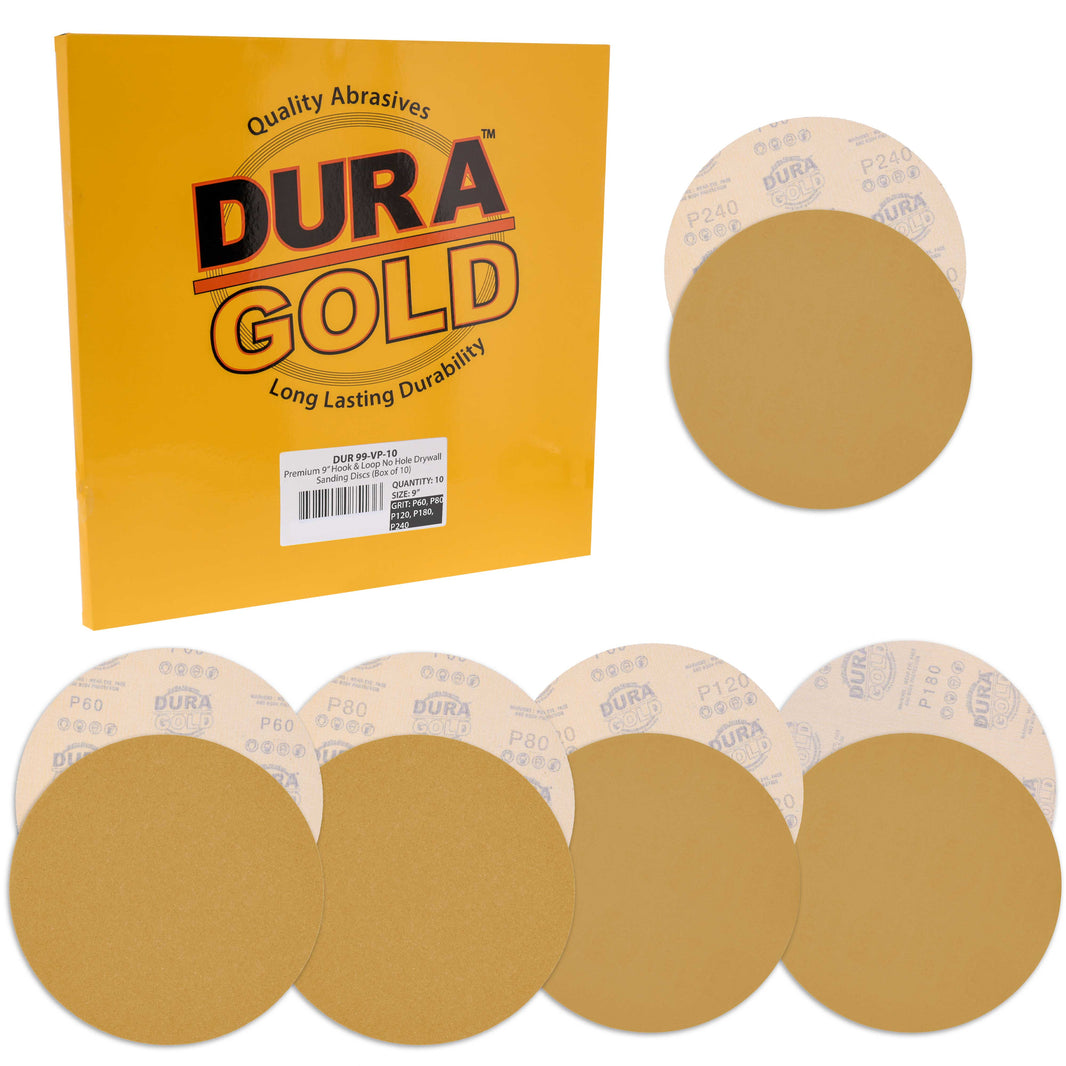 Premium 9" Drywall Sanding Disc Variety Pack Box - 60, 80, 120, 180, 240 Grit (2 Discs Each, 10 Total), Hook & Loop Aluminum Oxide Sandpaper