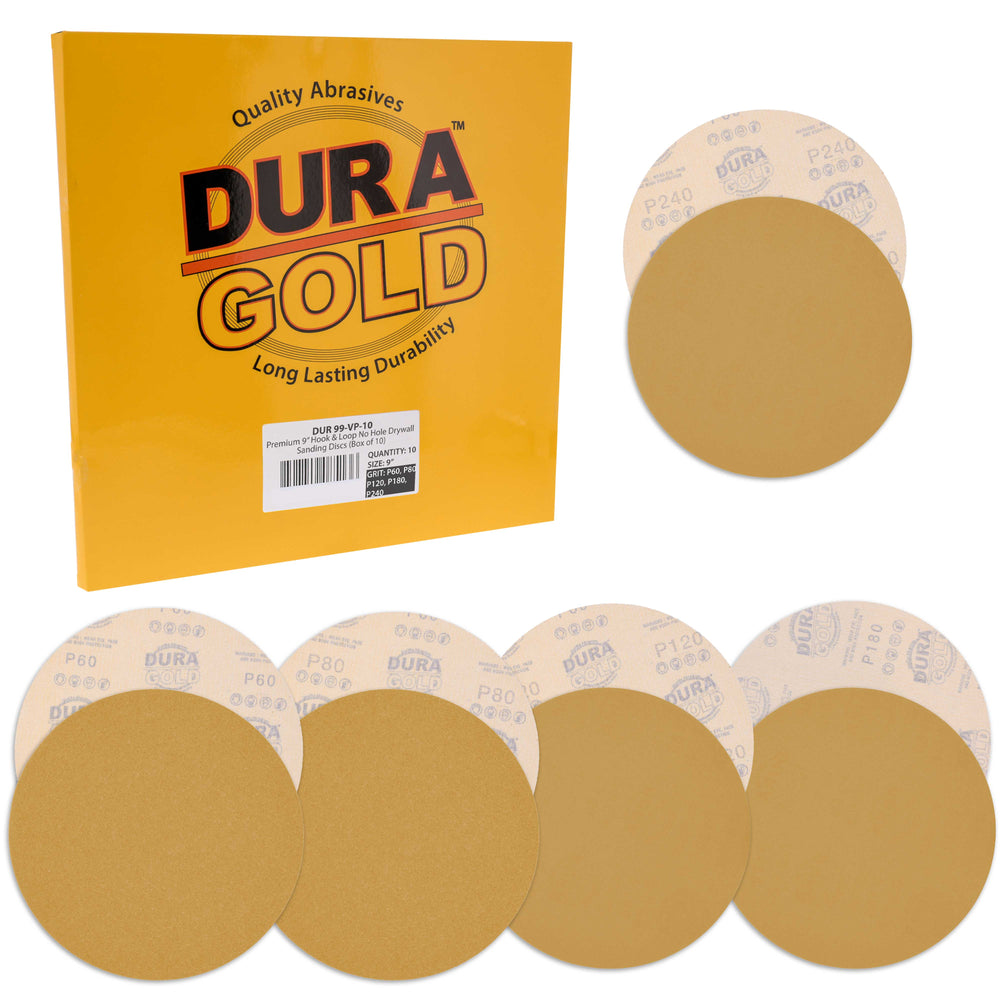 Dura-Gold Premium 9" Drywall Sanding Disc Variety Pack Box - 60, 80, 120, 180, 240 Grit (2 Discs Each, 10 Total), Hook & Loop Aluminum Oxide Sandpaper