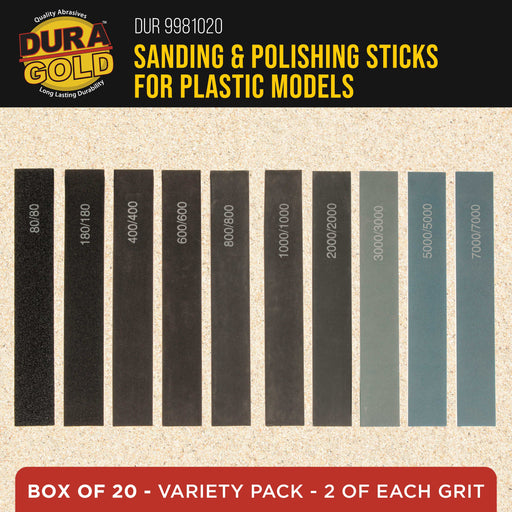 Sanding Sticks and Polishing Sticks for Plastic Models, Pack of 20 - 2 Each of 10 Grits, Coarse 80 to Super-Fine 7000 Grit, Classic Style - Sand Wood, Metal, Auto Detailing, Hobby Sandpaper