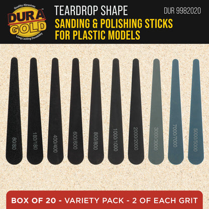 Sanding Sticks and Polishing Sticks for Plastic Models, Pack of 20 - 2 Each of 10 Grits, Coarse 80 to Super-Fine 7000 Grit, Water Drop Style