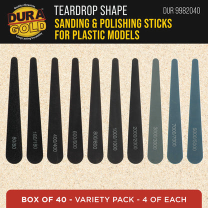 Sanding Sticks and Polishing Sticks for Plastic Models, Pack of 40 - 4 Each of 10 Grits, Coarse 80 to Super-Fine 7000 Grit, Water Drop Style