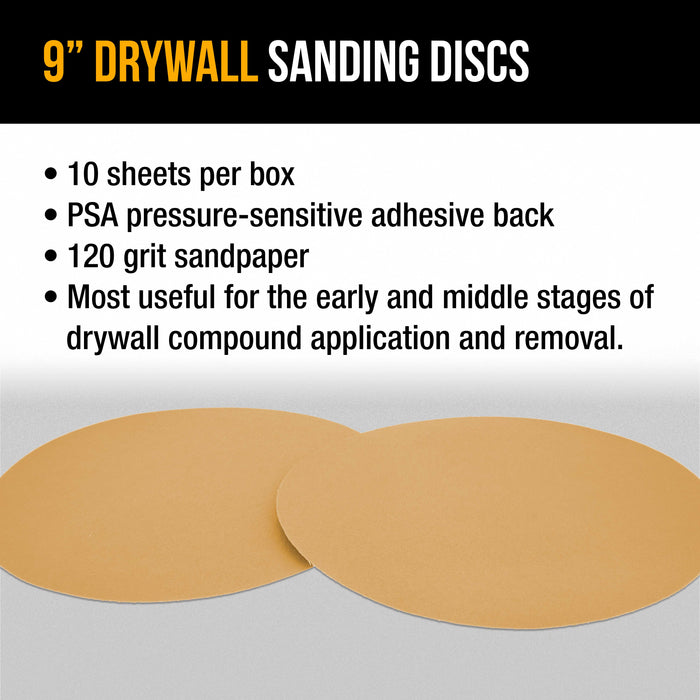 Dura-Gold Premium 9" PSA Drywall Sanding Discs - 120 Grit (Box of 10) - Self Adhesive Aluminum Oxide Abrasive Sandpaper - For Drywall Power Sander