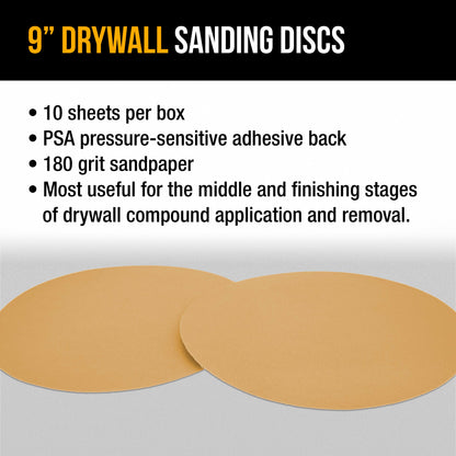 Premium 9" PSA Drywall Sanding Discs - 180 Grit (Box of 10) - Self Adhesive Aluminum Oxide Abrasive Sandpaper - For Drywall Power Sander