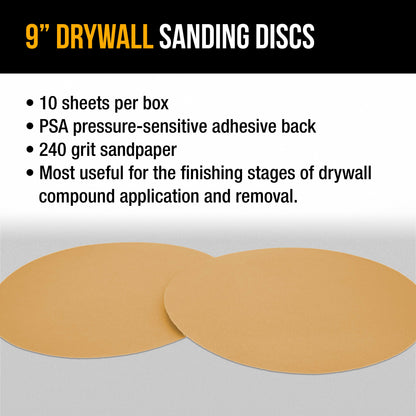 Premium 9" PSA Drywall Sanding Discs - 240 Grit (Box of 10) - Self Adhesive Aluminum Oxide Abrasive Sandpaper - For Drywall Power Sander