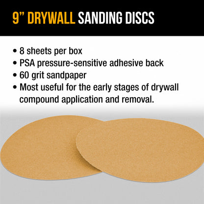 Premium 9" PSA Drywall Sanding Discs - 60 Grit (Box of 8) - Self Adhesive Aluminum Oxide Abrasive Sandpaper - For Drywall Power Sander