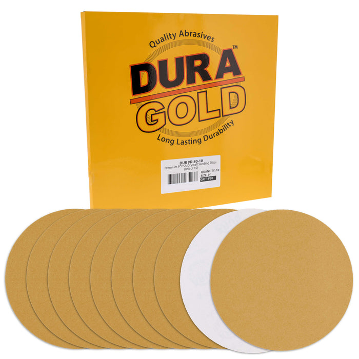 Dura-Gold Premium 9" PSA Drywall Sanding Discs - 80 Grit (Box of 10) - Self Adhesive Aluminum Oxide Abrasive Sandpaper - For Drywall Power Sander