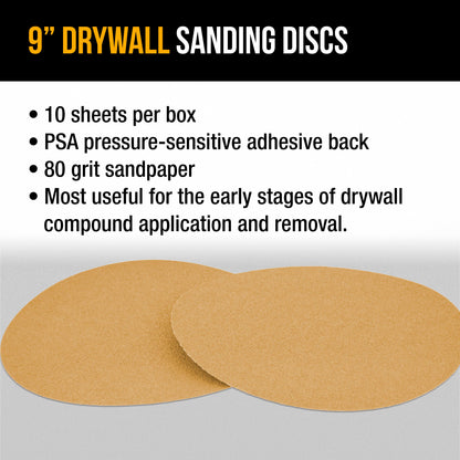 Premium 9" PSA Drywall Sanding Discs - 80 Grit (Box of 10) - Self Adhesive Aluminum Oxide Abrasive Sandpaper - For Drywall Power Sander