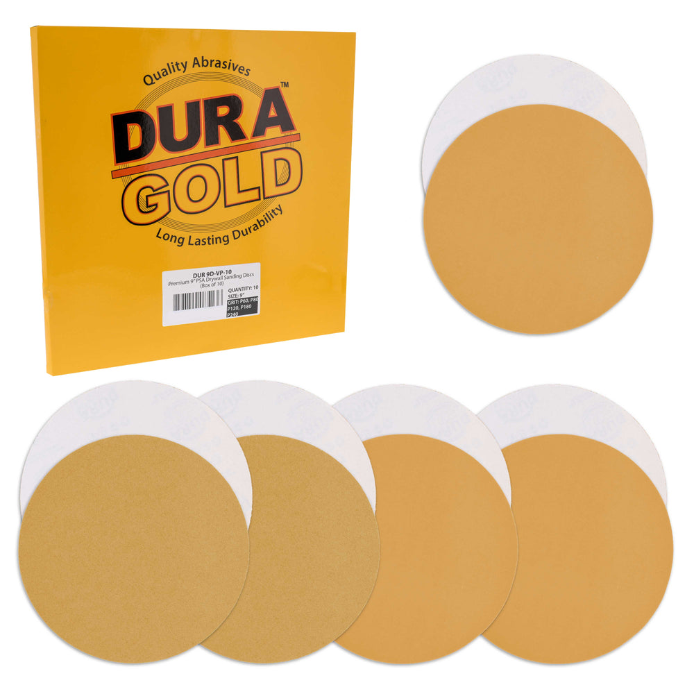 Dura-Gold Premium 9" Drywall PSA Sanding Discs Variety Pack Box - 60, 80, 120, 180, 240 Grit (2 Each, 10 Total) - Self Adhesive Sandpaper For Sander