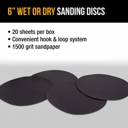 Premium 6" Wet or Dry Sanding Discs - 1500 Grit (Box of 20) - Sandpaper Discs, Hook & Loop Backing, Silicon Carbide Cutting - Orbital Sander