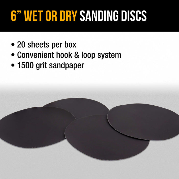Dura-Gold Premium 6" Wet or Dry Sanding Discs - 1500 Grit (Box of 20) - Sandpaper Discs, Hook & Loop Backing, Silicon Carbide Cutting - Orbital Sander