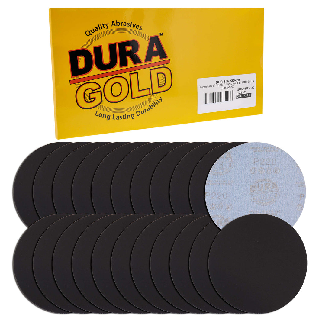 Premium 6" Wet or Dry Sanding Discs - 220 Grit (Box of 20) - Sandpaper Discs, Hook & Loop Backing - Silicon Carbide Cutting - Orbital Sander