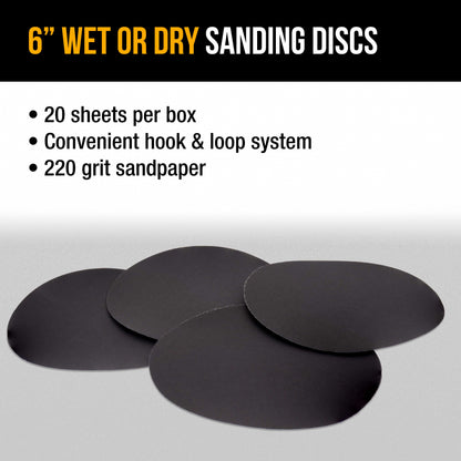 Premium 6" Wet or Dry Sanding Discs - 220 Grit (Box of 20) - Sandpaper Discs, Hook & Loop Backing - Silicon Carbide Cutting - Orbital Sander