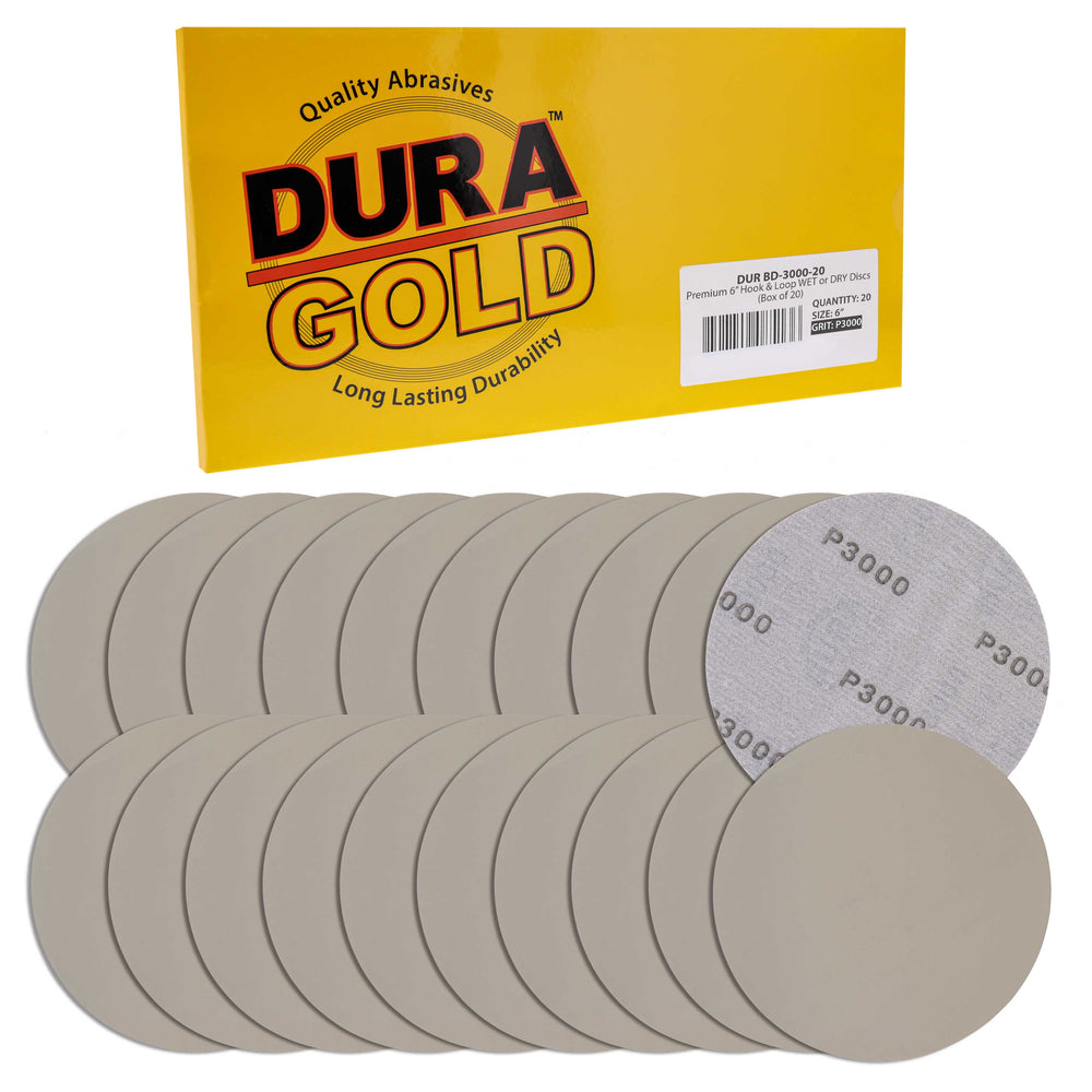 Dura-Gold Premium 6" Wet or Dry Sanding Discs - 3000 Grit (Box of 20) - Sandpaper Discs, Hook & Loop Backing, Silicon Carbide Cutting - Orbital Sander