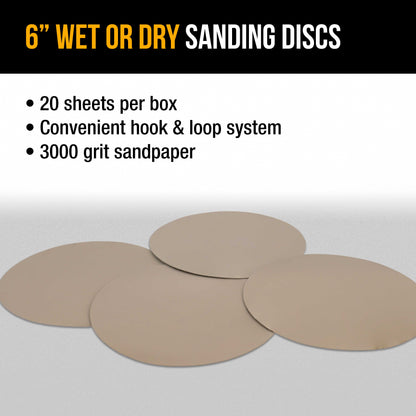 Premium 6" Wet or Dry Sanding Discs - 3000 Grit (Box of 20) - Sandpaper Discs, Hook & Loop Backing, Silicon Carbide Cutting - Orbital Sander