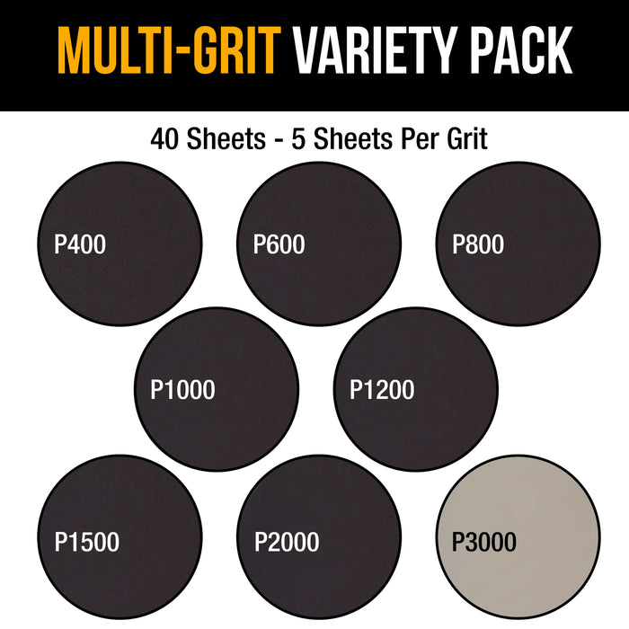 Premium 5" 8-Hole Wet or Dry Sanding Disc Variety Pack Box - 400, 600, 800, 1000, 1200, 1500, 2000 & 3000 Grit (5 Discs Each, 40 Total) - Sandpaper Discs, Hook & Loop Backing, Color Sanding