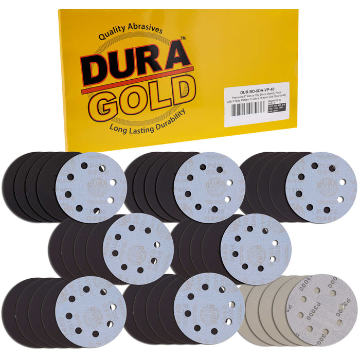 Premium 5" 8-Hole Wet or Dry Sanding Disc Variety Pack Box - 400, 600, 800, 1000, 1200, 1500, 2000 & 3000 Grit (5 Discs Each, 40 Total) - Sandpaper Discs, Hook & Loop Backing, Color Sanding