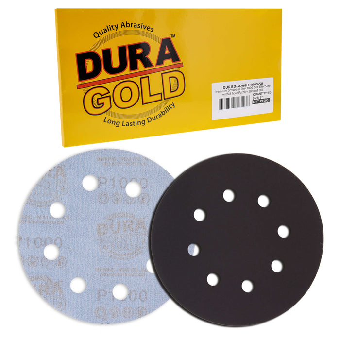 Premium 5" 8-Hole Wet or Dry Sanding Discs - 1000 Grit, Box of 50 - High-Performance Sandpaper Discs with Hook & Loop Backing, Fast Cutting Silicon Carbide, Color Sanding, Car Auto Polishing