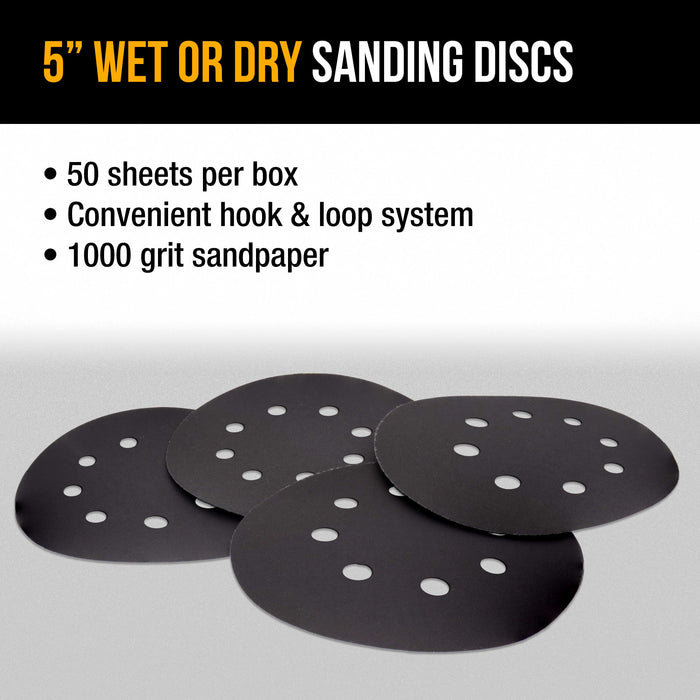 Premium 5" 8-Hole Wet or Dry Sanding Discs - 1000 Grit, Box of 50 - High-Performance Sandpaper Discs with Hook & Loop Backing, Fast Cutting Silicon Carbide, Color Sanding, Car Auto Polishing
