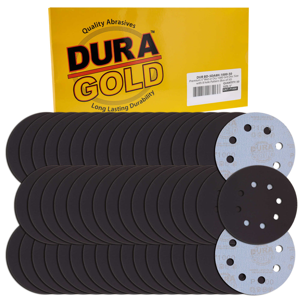 Premium 5" 8-Hole Wet or Dry Sanding Discs - 1000 Grit, Box of 50 - High-Performance Sandpaper Discs with Hook & Loop Backing, Fast Cutting Silicon Carbide, Color Sanding, Car Auto Polishing