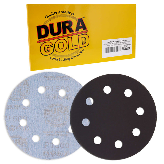 Premium 5" 8-Hole Wet or Dry Sanding Discs - 1500 Grit, Box of 50 - High-Performance Sandpaper Discs with Hook & Loop Backing, Fast Cutting Silicon Carbide, Color Sanding, Car Auto Polishing