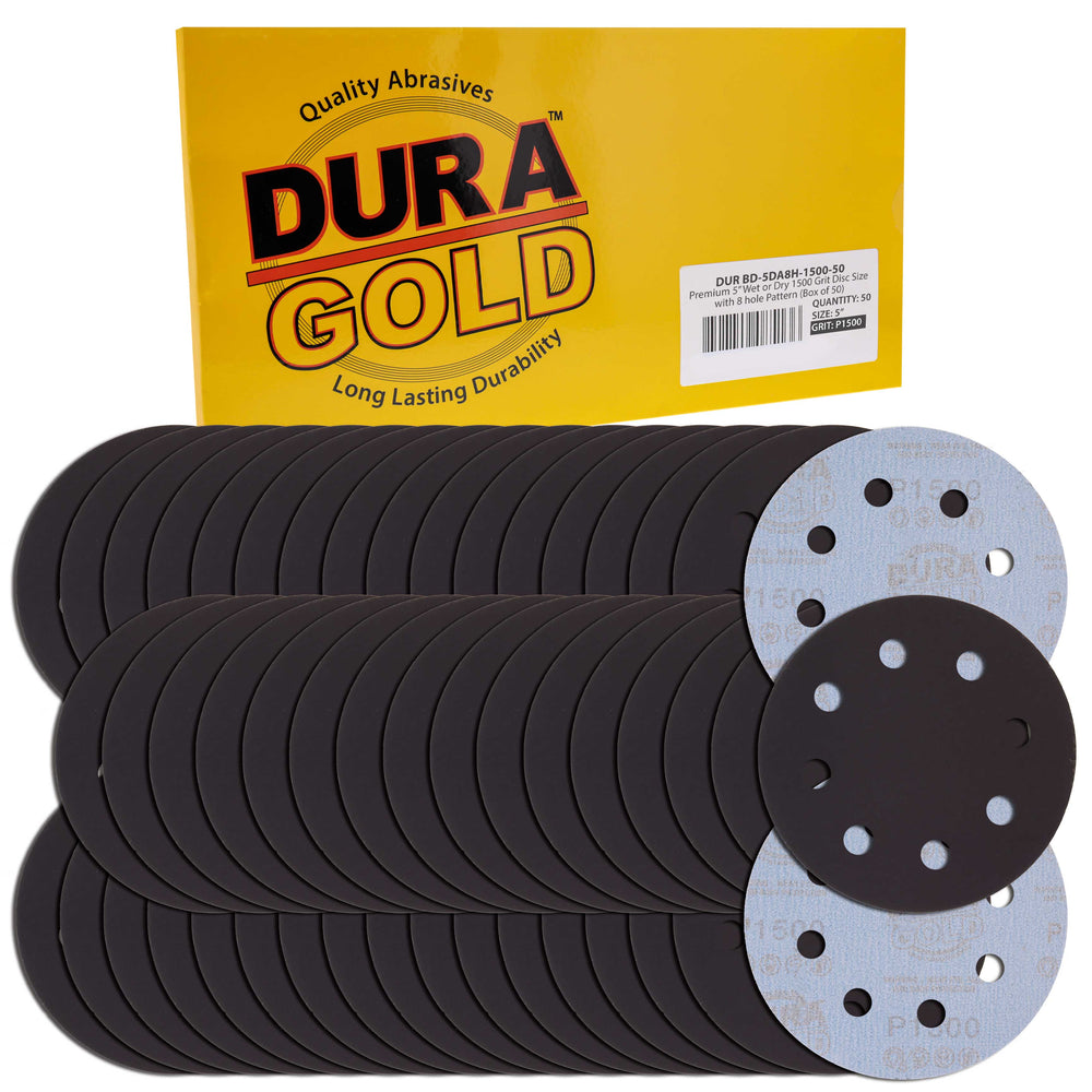 Premium 5" 8-Hole Wet or Dry Sanding Discs - 1500 Grit, Box of 50 - High-Performance Sandpaper Discs with Hook & Loop Backing, Fast Cutting Silicon Carbide, Color Sanding, Car Auto Polishing