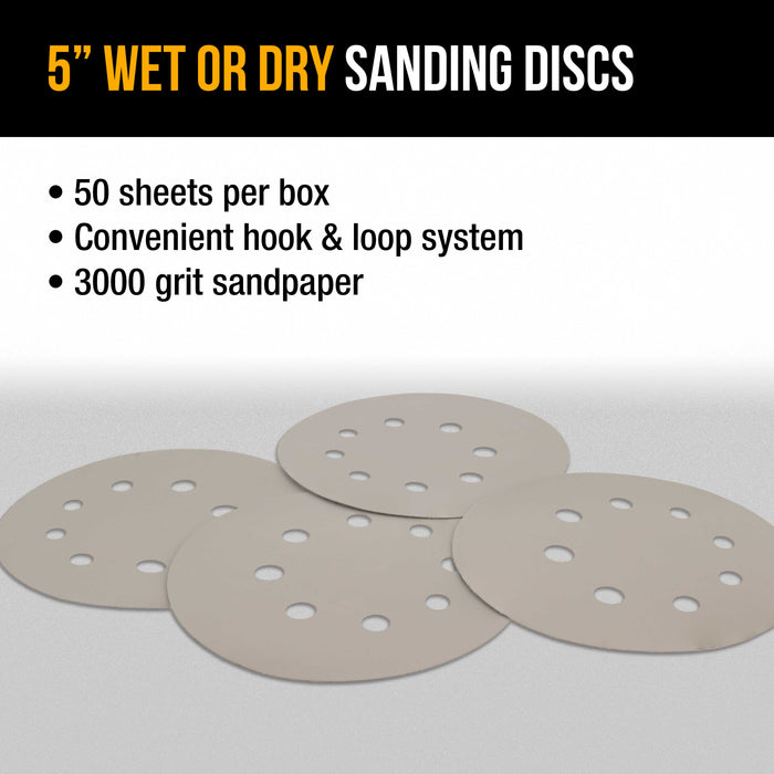 Premium 5" 8-Hole Wet or Dry Sanding Discs - 3000 Grit, Box of 50 - High-Performance Sandpaper Discs with Hook & Loop Backing, Fast Cutting Silicon Carbide, Color Sanding, Car Auto Polishing