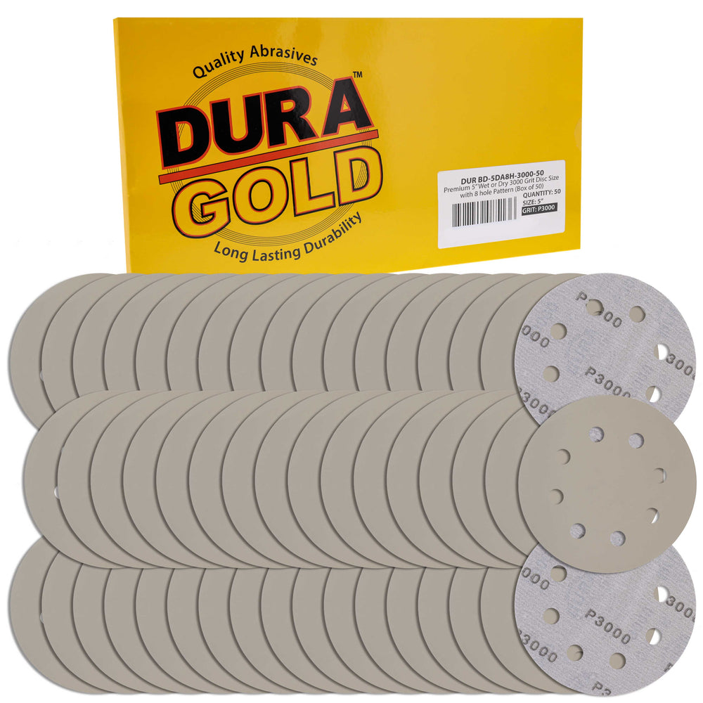 Premium 5" 8-Hole Wet or Dry Sanding Discs - 3000 Grit, Box of 50 - High-Performance Sandpaper Discs with Hook & Loop Backing, Fast Cutting Silicon Carbide, Color Sanding, Car Auto Polishing