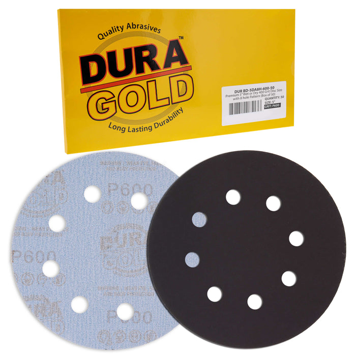 Premium 5" 8-Hole Wet or Dry Sanding Discs - 600 Grit, Box of 50 - High-Performance Sandpaper Discs with Hook & Loop Backing, Fast Cutting Silicon Carbide, Color Sanding, Car Auto Polishing