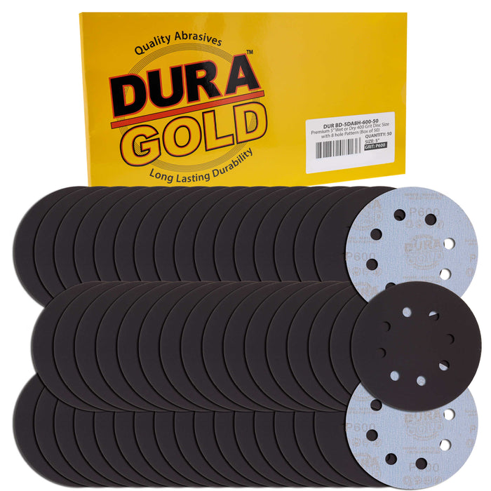 Premium 5" 8-Hole Wet or Dry Sanding Discs - 600 Grit, Box of 50 - High-Performance Sandpaper Discs with Hook & Loop Backing, Fast Cutting Silicon Carbide, Color Sanding, Car Auto Polishing