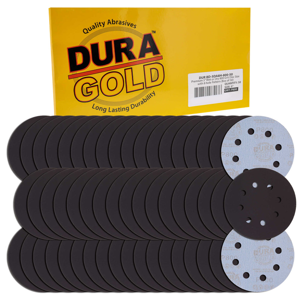 Premium 5" 8-Hole Wet or Dry Sanding Discs - 800 Grit, Box of 50 - High-Performance Sandpaper Discs with Hook & Loop Backing, Fast Cutting Silicon Carbide, Color Sanding, Car Auto Polishing