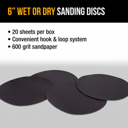 Premium 6" Wet or Dry Sanding Discs - 600 Grit (Box of 20) - Sandpaper Discs, Hook & Loop Backing - Silicon Carbide Cutting - Orbital Sander