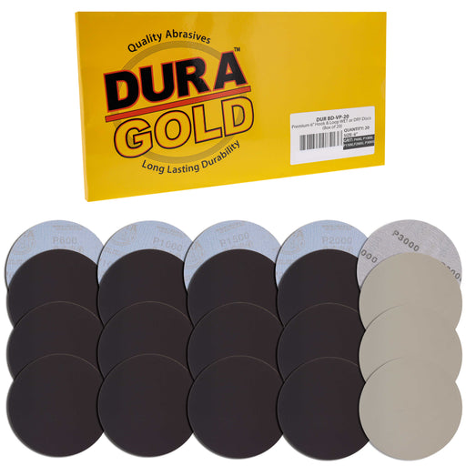 Dura-Gold Premium 6" Wet or Dry Sanding Disc Variety Pack Box - 600, 1000, 1500, 2000 & 3000 Grit (4 Discs Each, 20 Total) - Hook & Loop Backing, Sand