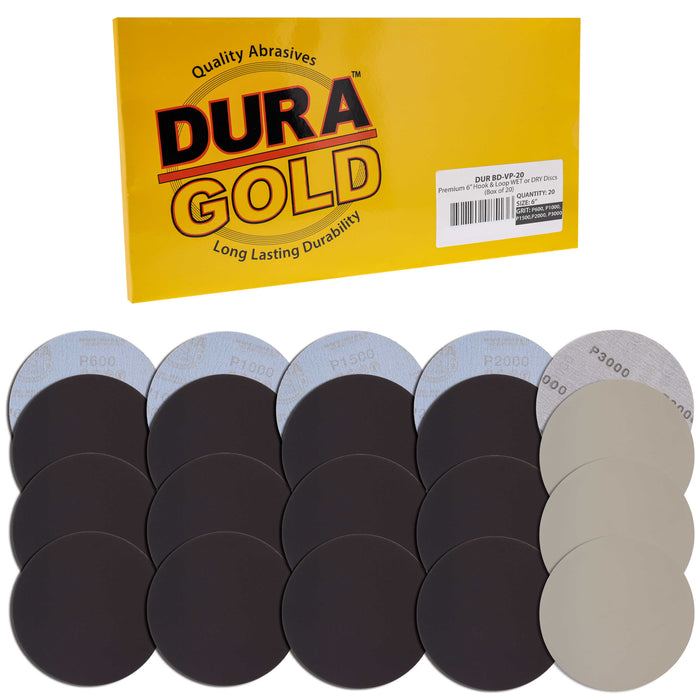 Dura-Gold Premium 6" Wet or Dry Sanding Disc Variety Pack Box - 600, 1000, 1500, 2000 & 3000 Grit (4 Discs Each, 20 Total) - Hook & Loop Backing, Sand