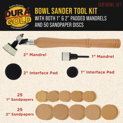 Woodturning Bowl Sander Tool Kit - 1" & 2" Hook & Loop Backing Pads, 50 Sanding Discs (60 to 320 Grit), Dual Bearing, Hardwood Handle, 1/4" Mandrel, Sandpaper Woodworking
