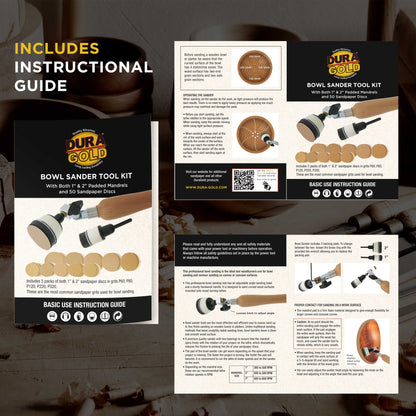 Woodturning Bowl Sander Tool Kit - 1" & 2" Hook & Loop Backing Pads, 50 Sanding Discs (60 to 320 Grit), Dual Bearing, Hardwood Handle, 1/4" Mandrel, Sandpaper Woodworking